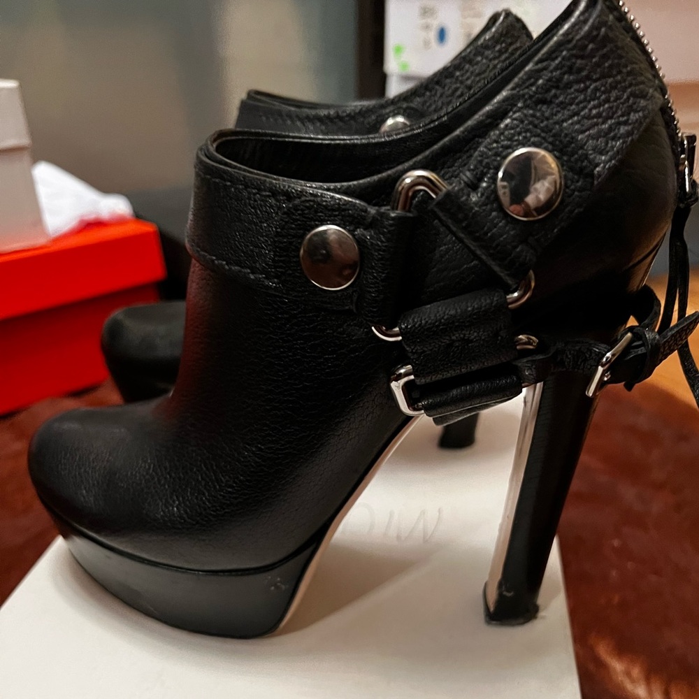 Miu Miu high heel platform zippered biker booties 8